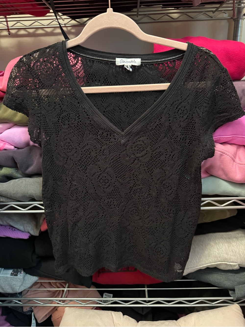 Aeropostale Black Lace V-Neck Short Sleeve Top Large